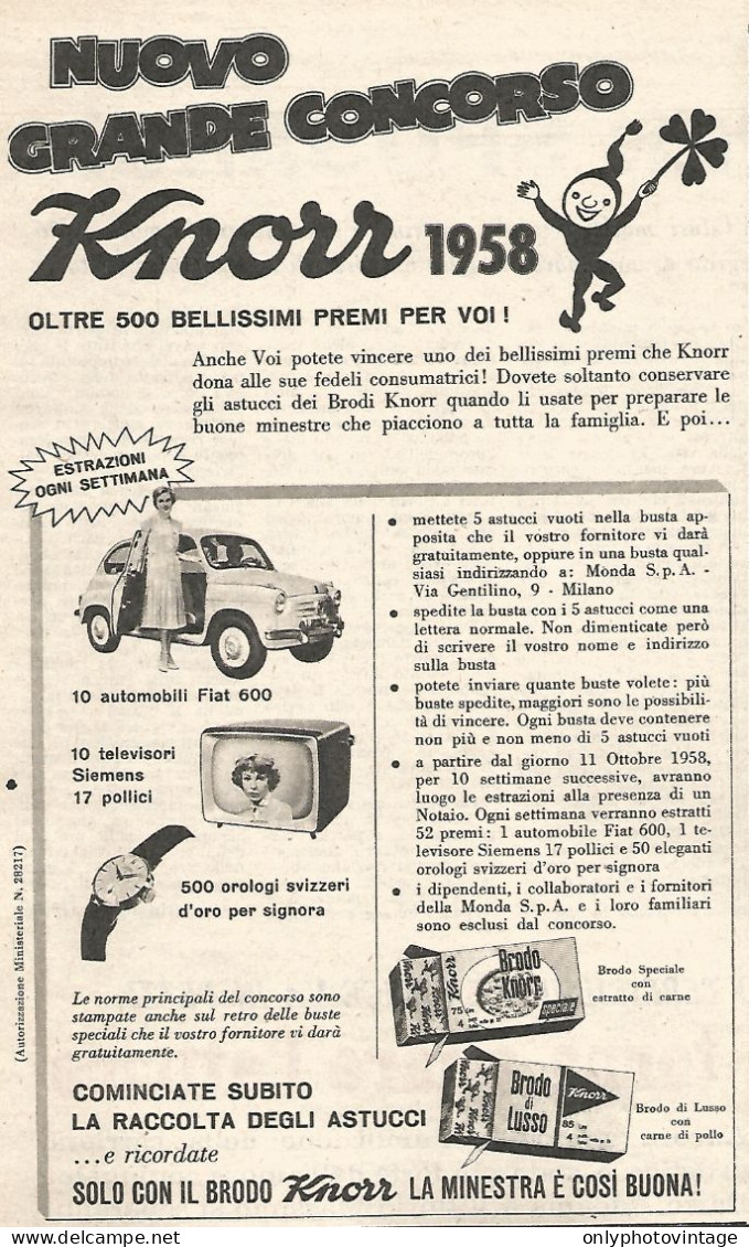 Con KNORR Vincete La Fiat 600 - Pubblicit� Del 1958 - Vintage Advertising - Publicidad