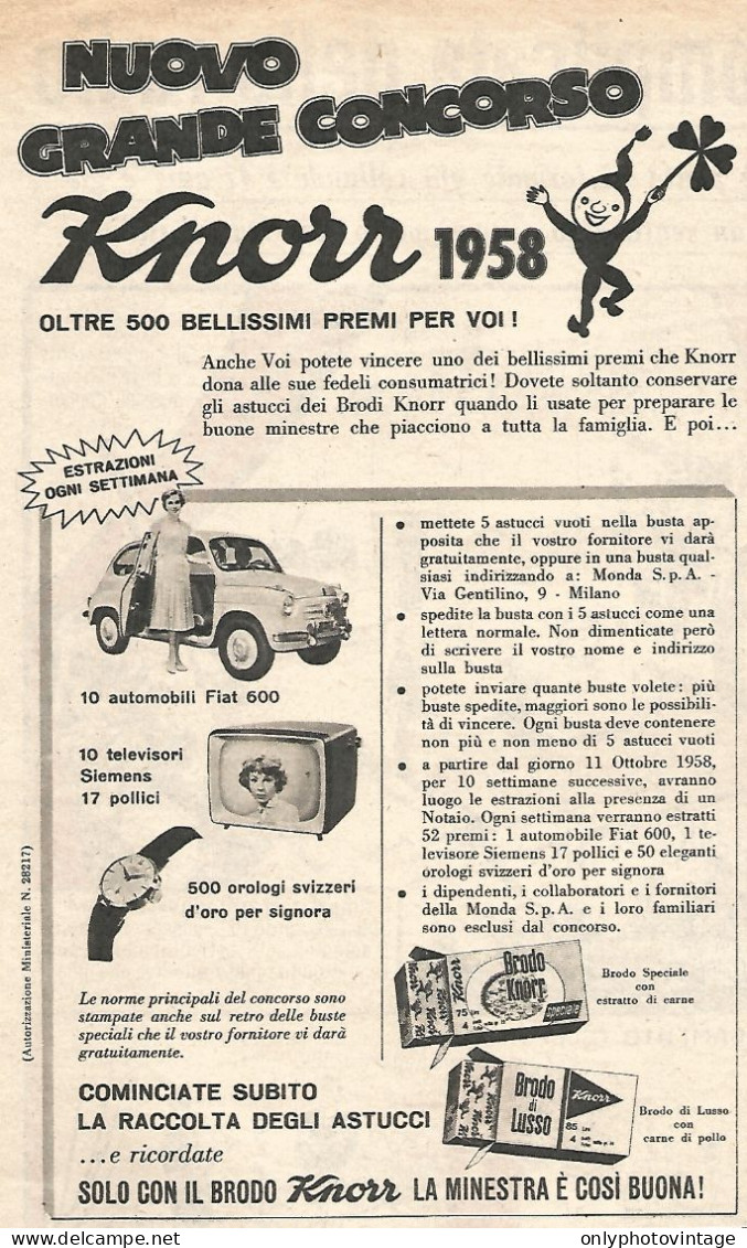 Con KNORR Vincete La Fiat 600 - Pubblicit� Del 1958 - Vintage Advertising - Publicidad