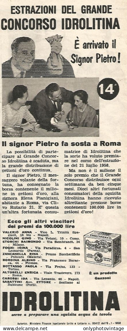 Estrazione Del Concorso IDROLITINA - Pubblicit� Del 1958 - Vintage Advert - Publicités