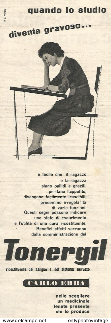 TONERGIL - Carlo Erba - Pubblicit� Del 1958 - Vintage Advertising - Publicités