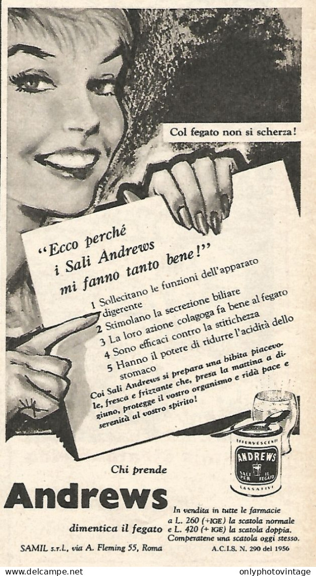 Chi Prende ANDREWS Dimentica Il Fegato  - Pubblicit� Del 1958 - Vintage Ad - Advertising