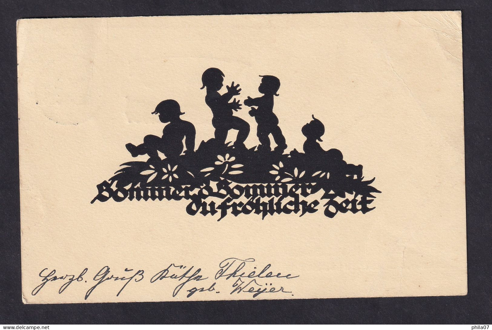 Children Playing / Postcard Circulated, 2 Scans - Scherenschnitt - Silhouette