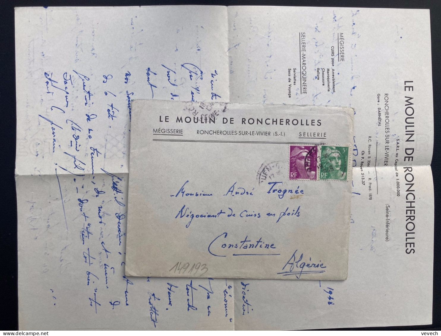LETTRE LE MOULIN DE RONCHEROLLES TP M DE GANDON 10F + 5F OBL.19-1 1949 ROUEN GARE (76) - 1921-1960: Modern Tijdperk