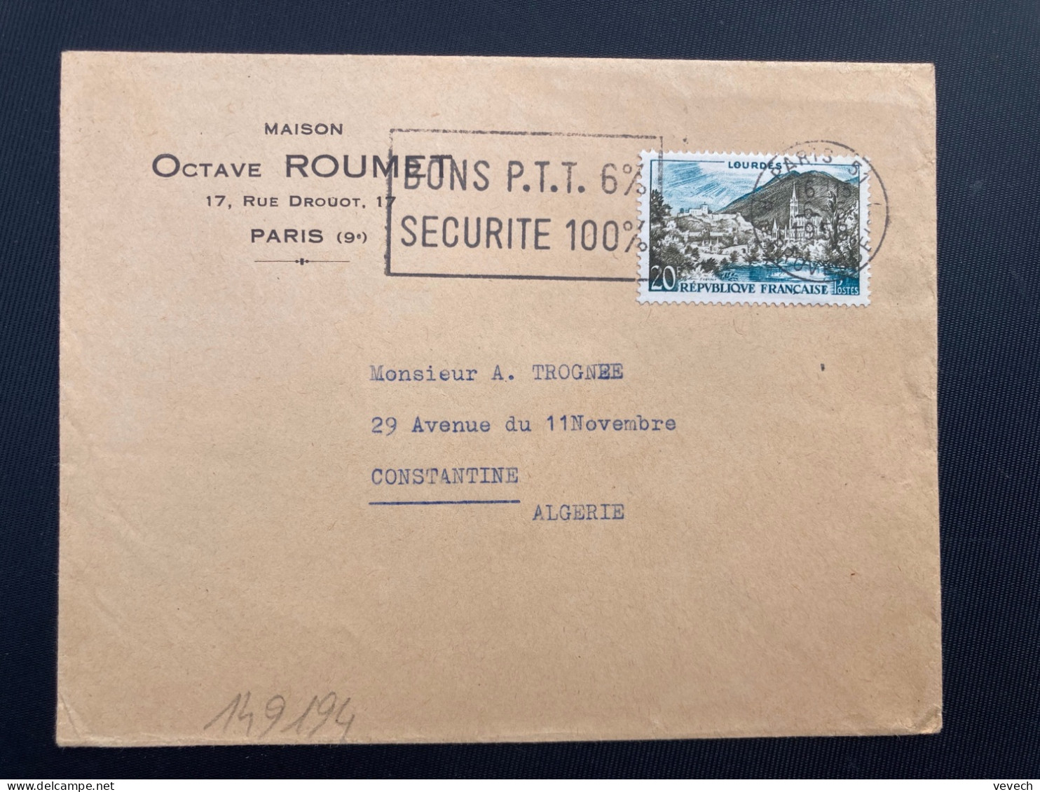 LETTRE MAISON OCTAVE ROUMET Pour ALGERIE TP LOURDES 20F OBL.MEC.6-5 1958 PARIS 51 - Briefe U. Dokumente