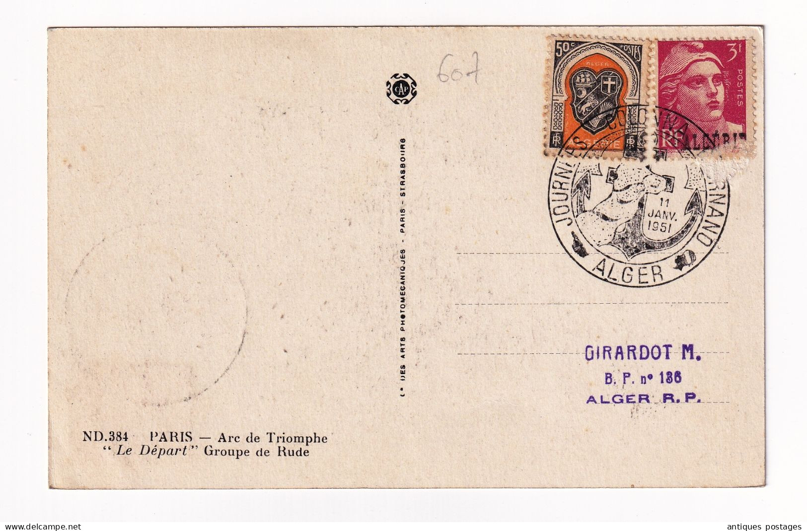 Algérie 1956 Journées Jean Colonna D'Ornano Alger Marianne Gandon 5F Arc De Triomphe Algeria Girardot - Storia Postale