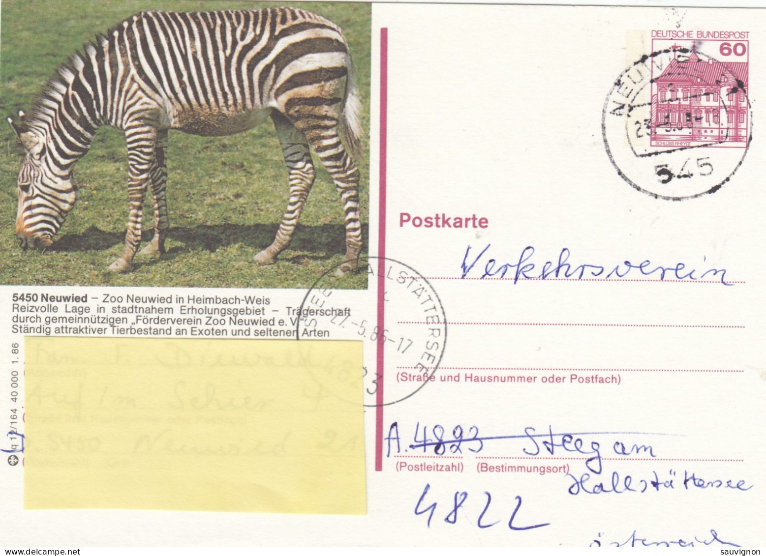 Deutschland. Bildpostkarte 5450 NEUWIED - Zebra Im Zoo, Wertstempel 60 Pfg. Burgen Und Schlösser, Serie "q" - Illustrated Postcards - Used