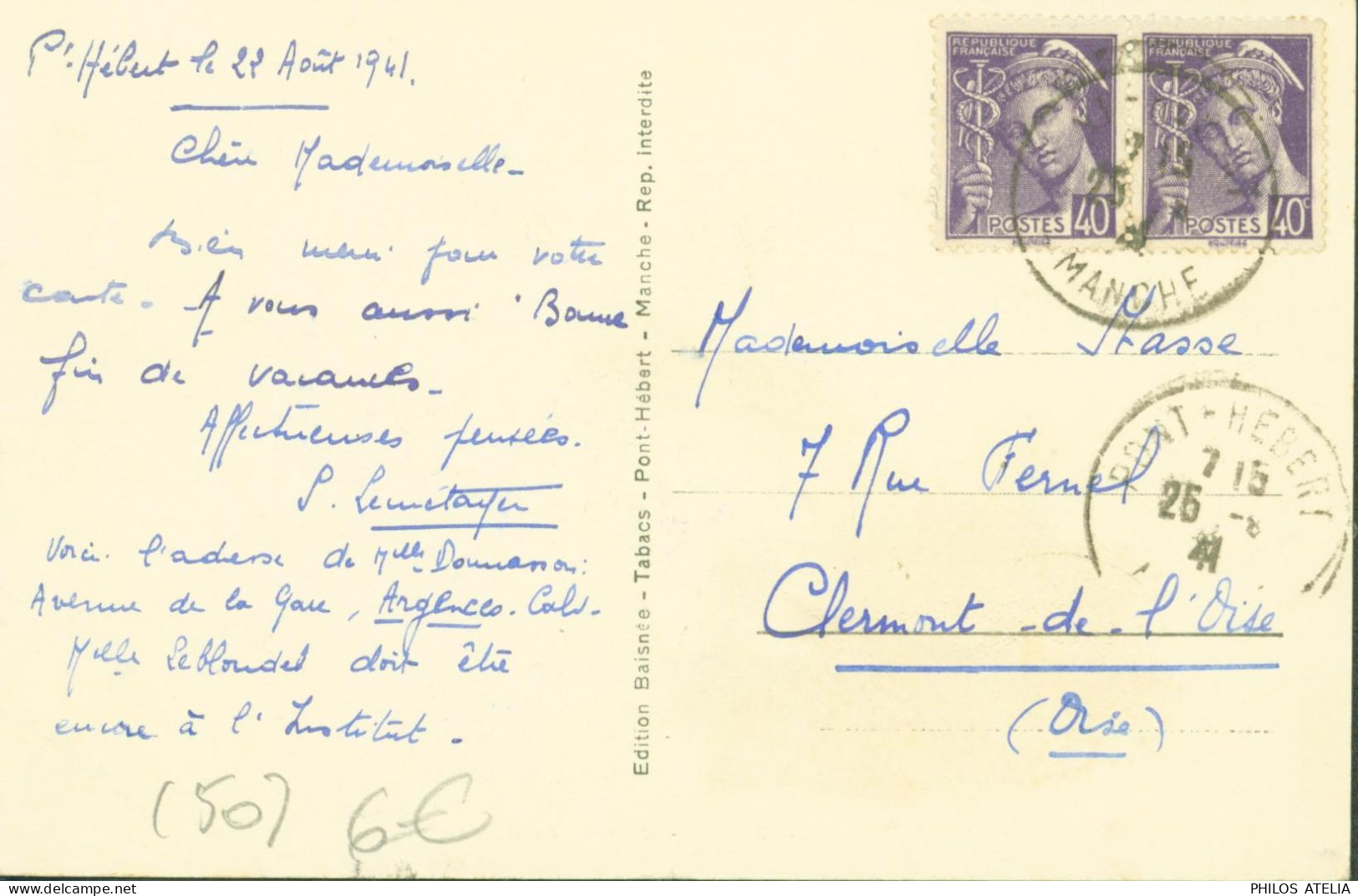 CPA CP Pont Hébert Un Coin Du Bourg YT N°413 X2 Mercure 40ct Violet CAD 1941 - Autres & Non Classés