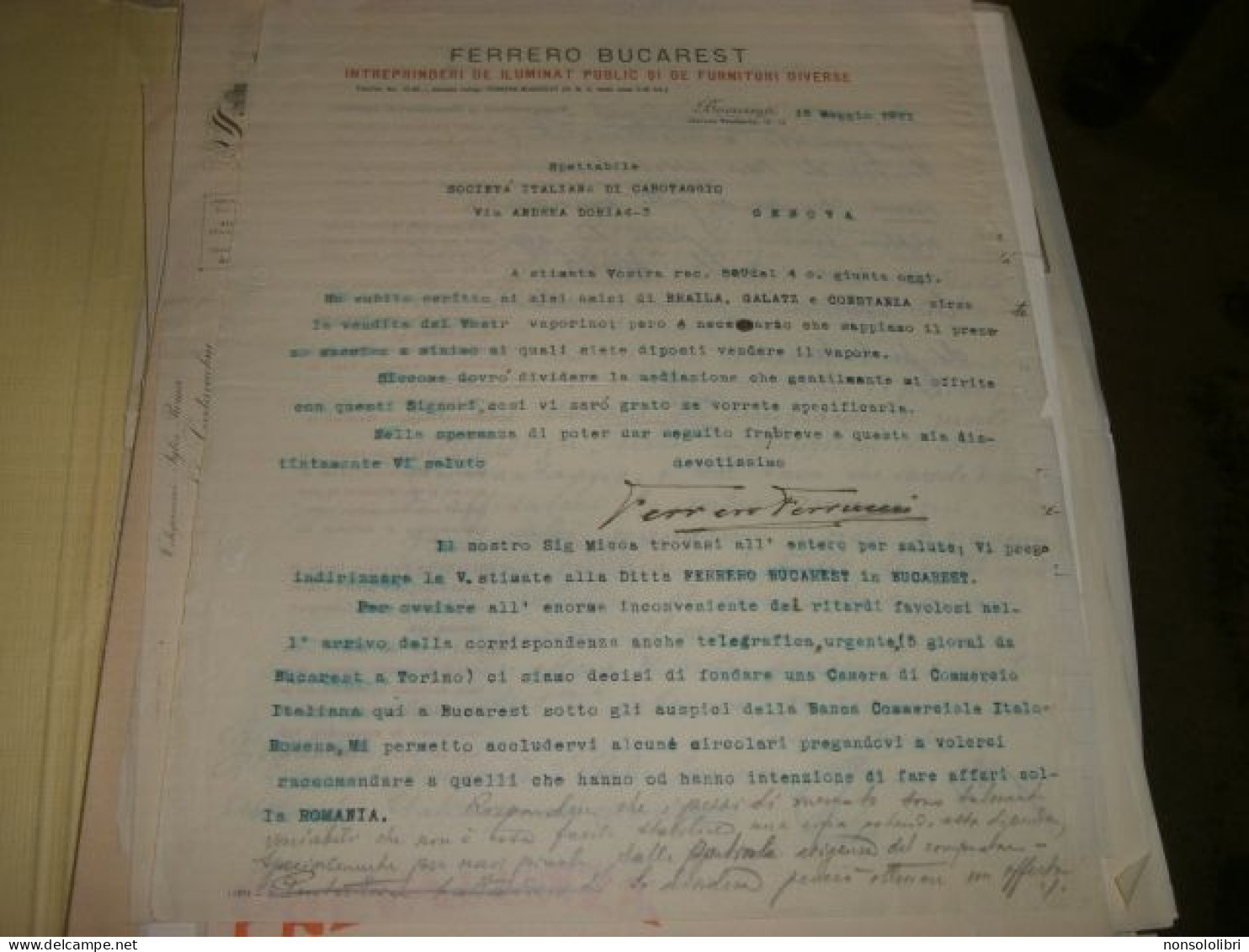 DOCUMENTO SU CARTA INTESTATA FERRERO BUCAREST 1921 - Documents Historiques