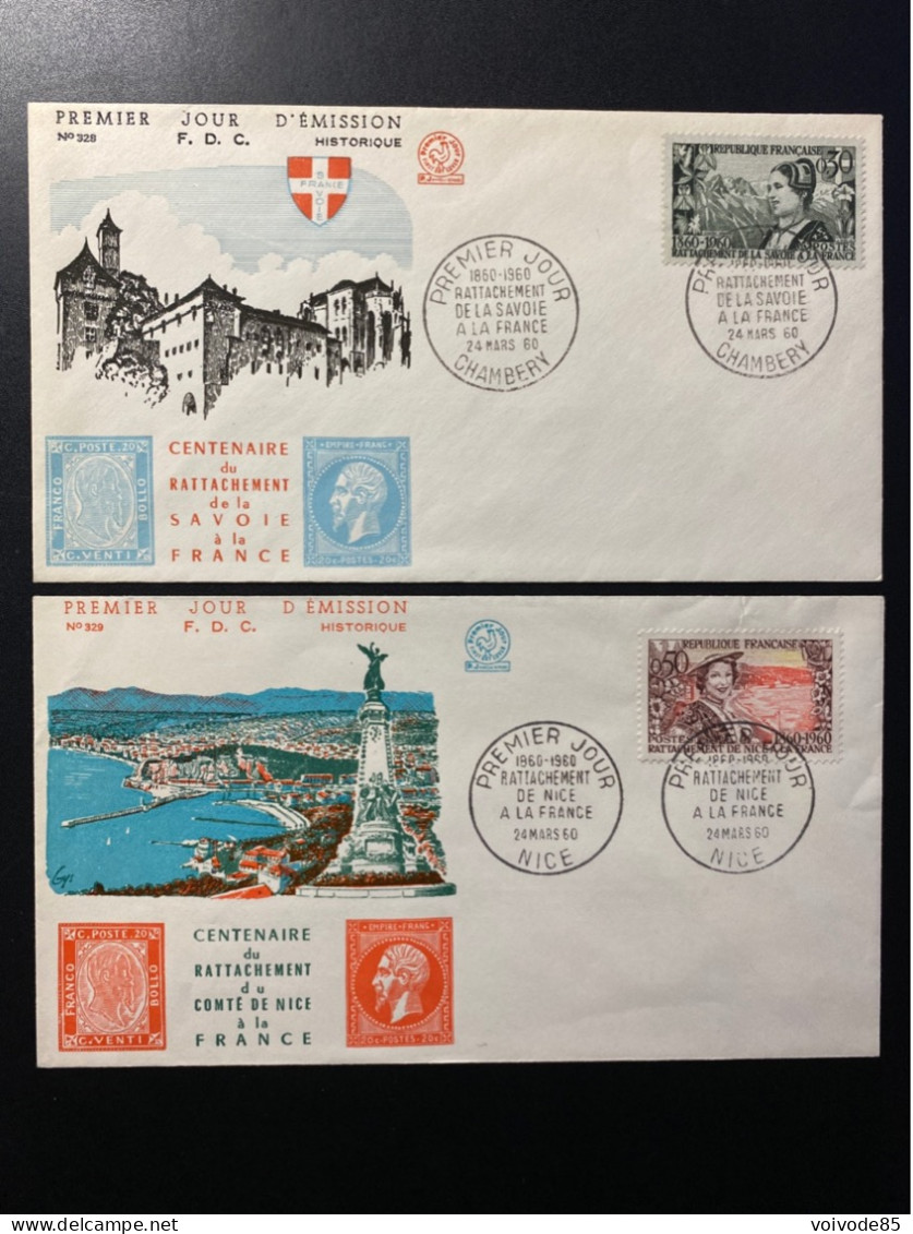 Enveloppes 1er Jour "Centenaire Du Rattachement Savoie Et Nice" - 24/03/1960 - 1246/1247 - Historique N° 328/329 - 1960-1969