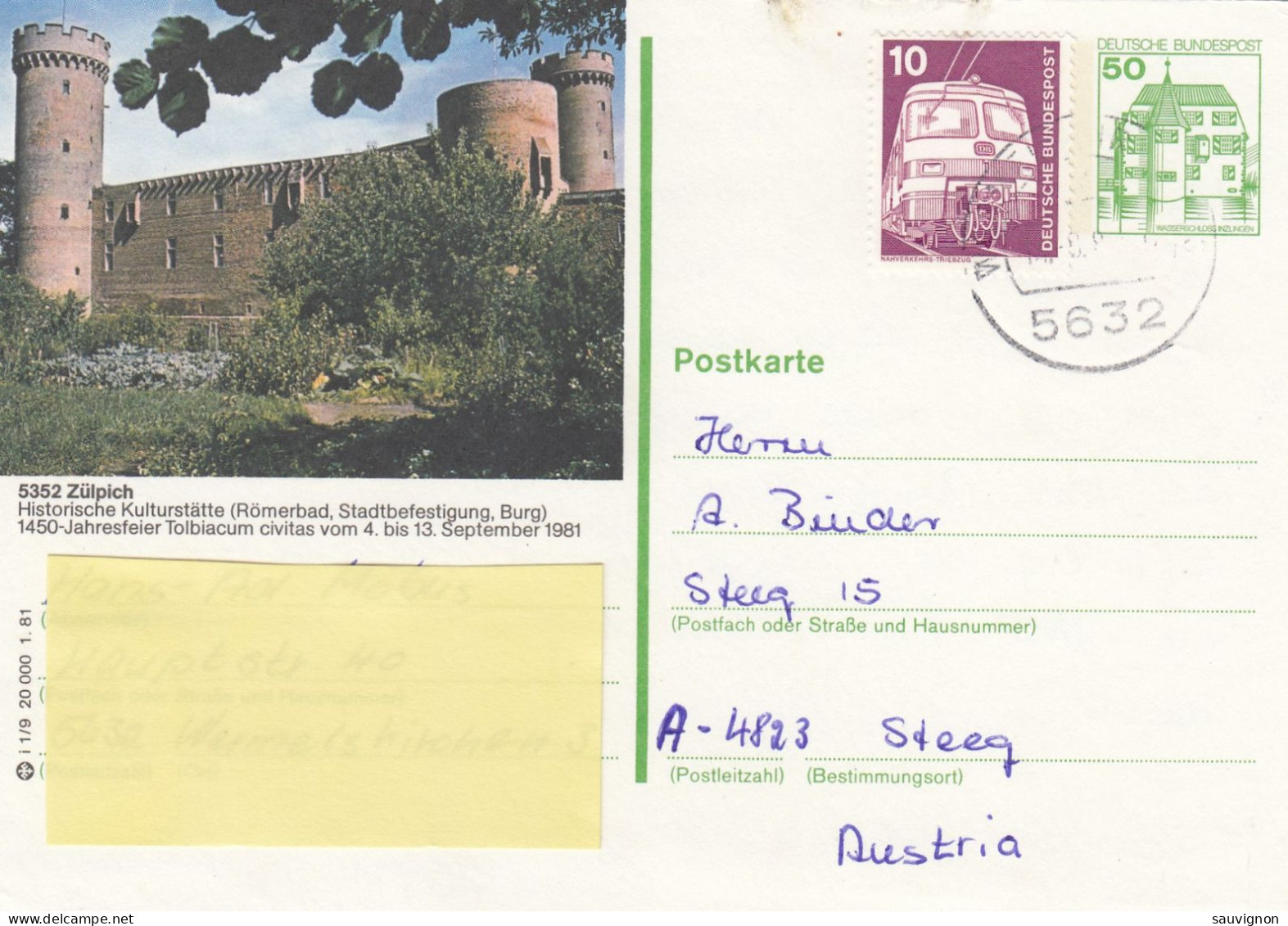 Deutschland. Bildpostkarte 5352 ZÜLPICH - Burg, Wertstempel 50 Pfg. Burgen Und Schlösser, Serie "i" - Cartoline Illustrate - Usati