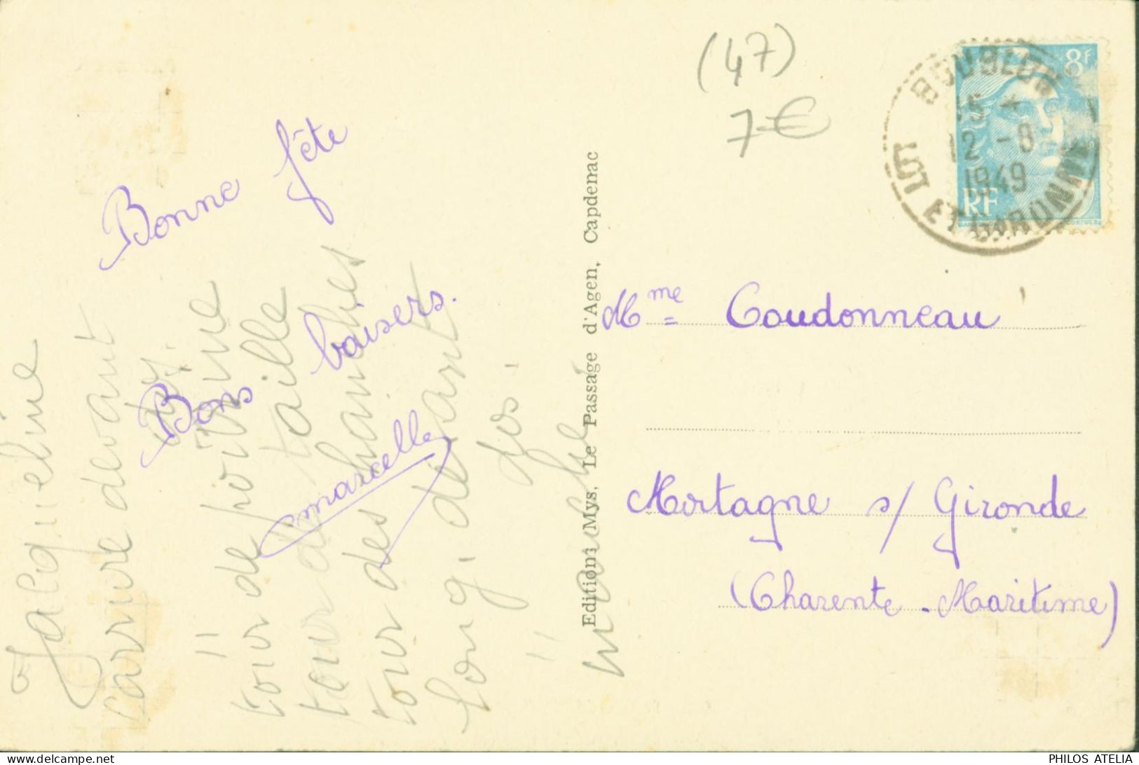CPA CP Bouglon Lot Et Garonne Marianne Dulac 8F Turquoise CAD Bouglon 1949 - Autres & Non Classés