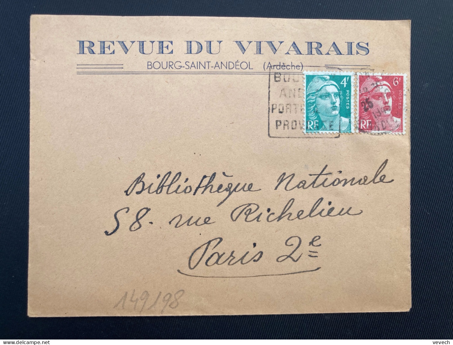 LETTRE REVUE DU VIVARAIS TP M DE GANDON 6F + 4F OBL. DAGUIN 25-10 1948 BOURG ST ANDEOL ARDECHE (07) PORTE DE LA PROVENCE - Maschinenstempel (Sonstige)