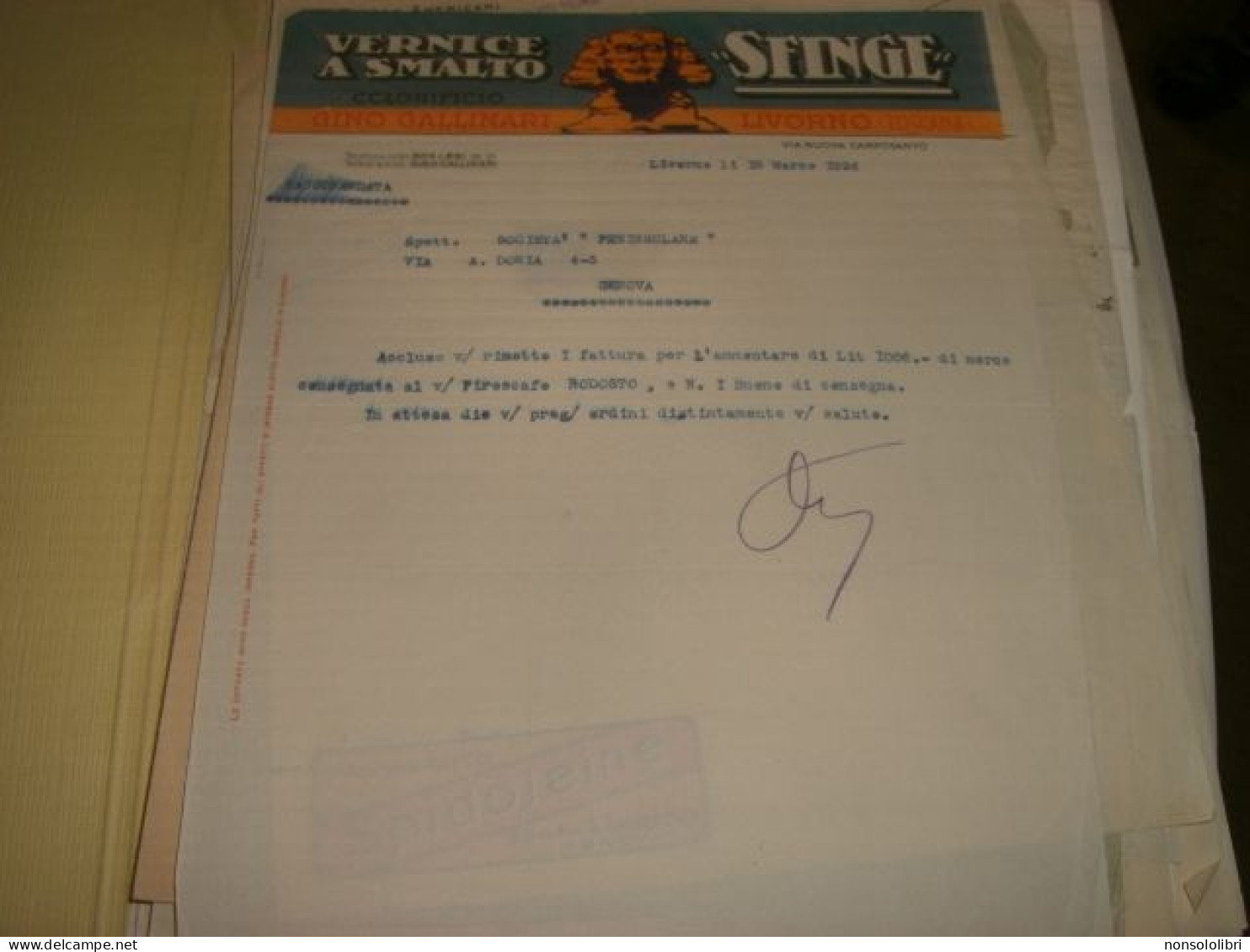 DOCUMENTO SU CARTA INTESTATA VERNICE A SMALTO SFINGE COLORIFICIO GALLINARI - Documents Historiques