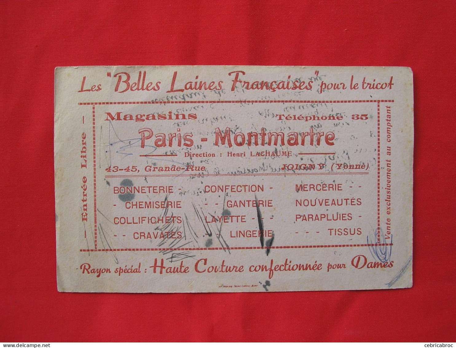 LDB - Buvard - Les Belles Laines Françaises Pour Le Tricot - Magasins PARIS-MONTMARTRE - 43-45 Grande-Rue JOIGNY (Yonne) - Kleding & Textiel