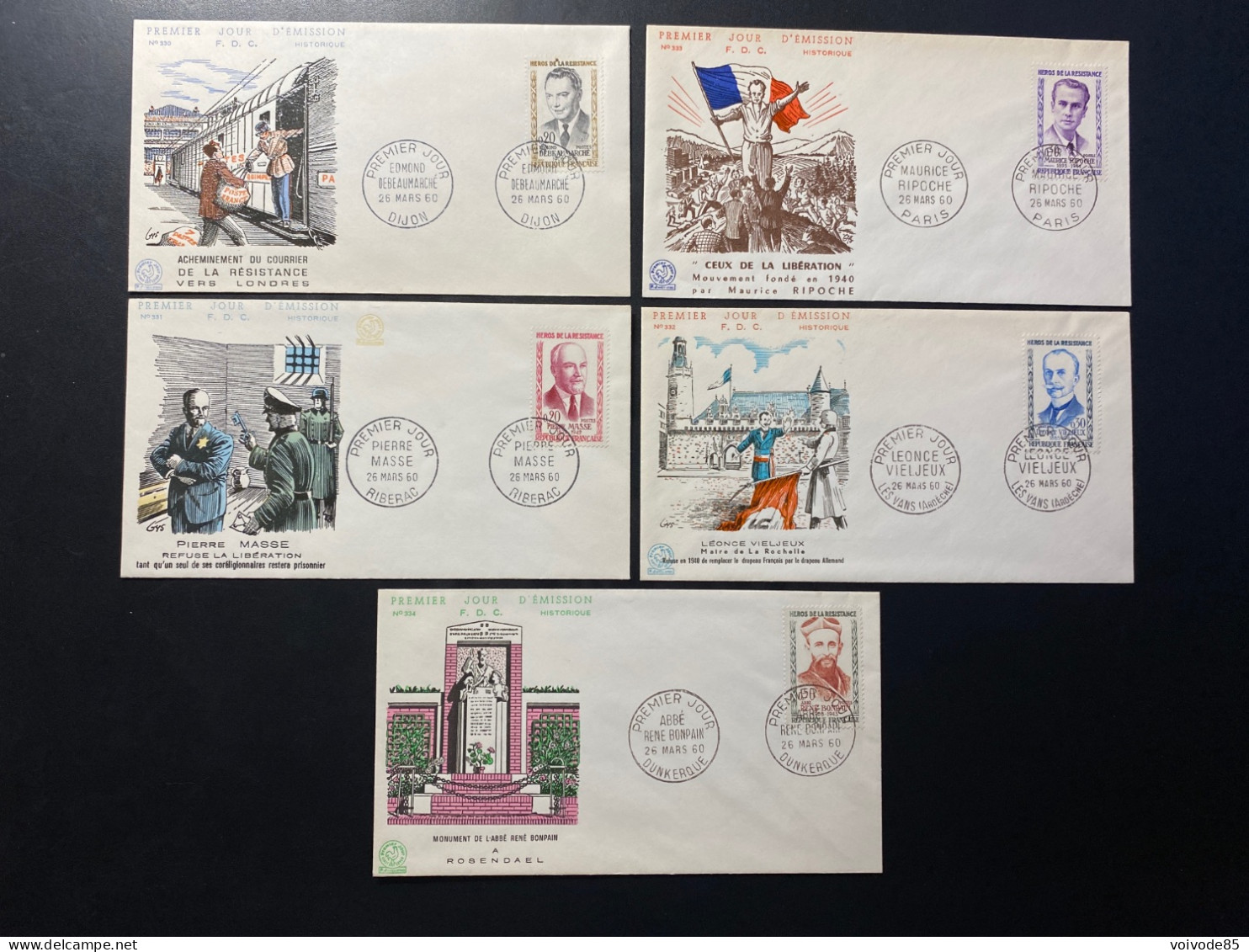 Enveloppes 1er Jour "Héros De La Résistance" - 26/03/1960 - 1248/1252 - Historique N° 330 à 334 - 1960-1969