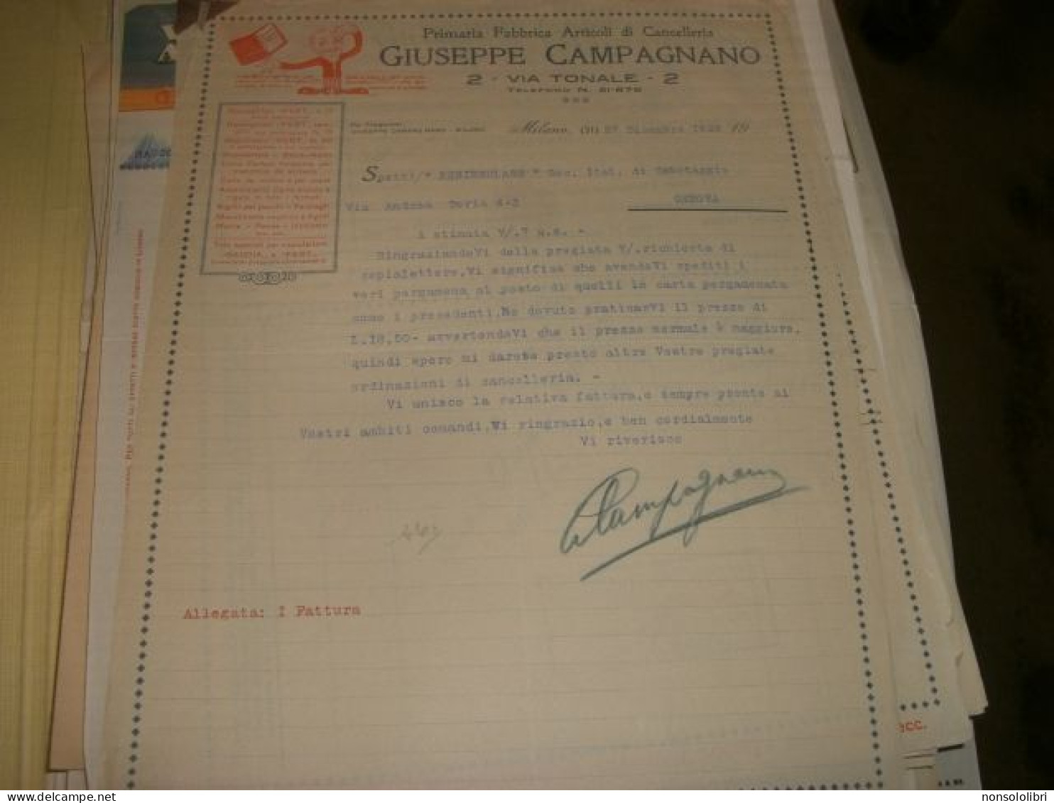 FATTURA DITTA GIUSEPPE CAMPAGNANO MILANO - Historical Documents