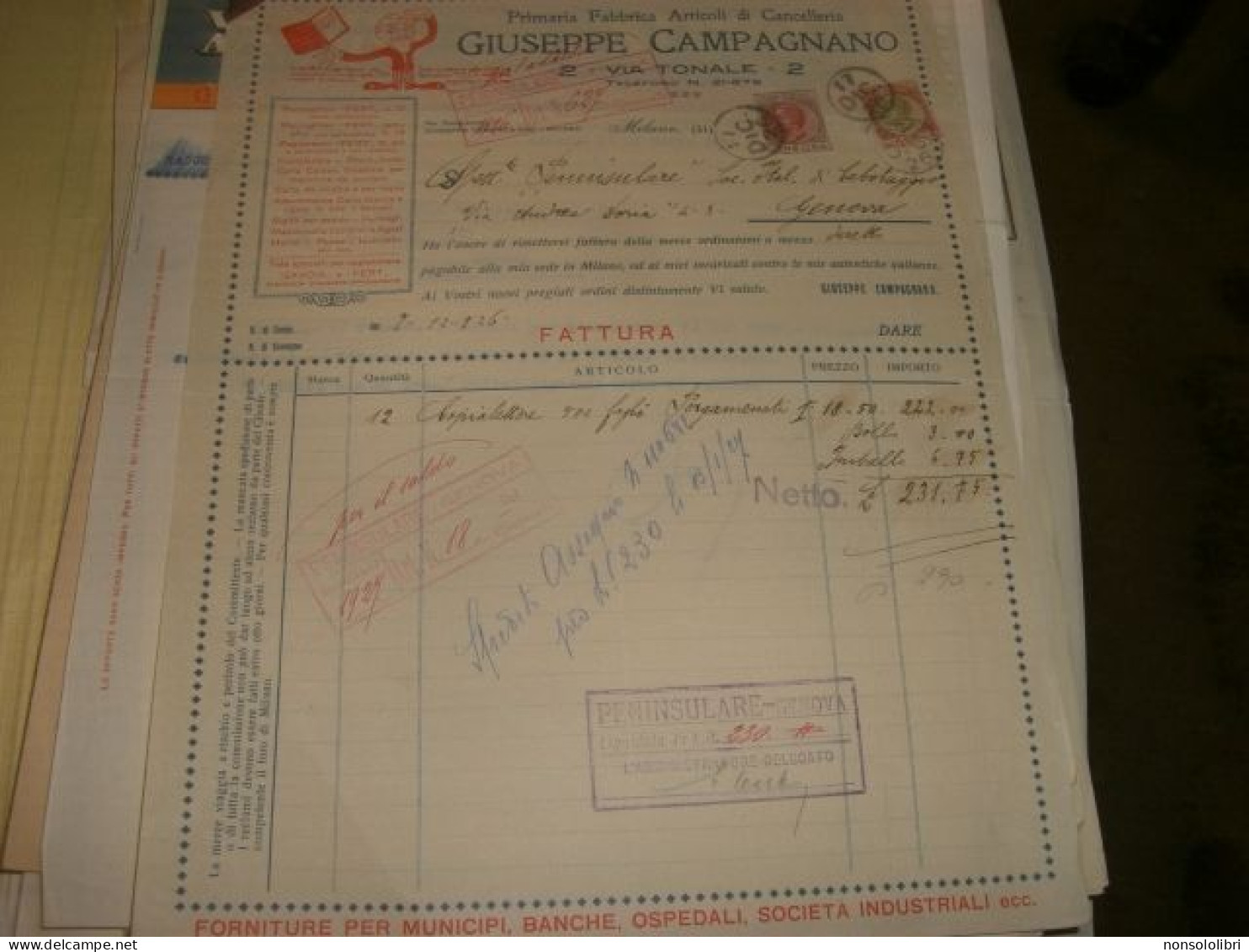 FATTURA DITTA GIUSEPPE CAMPAGNANO MILANO - Historical Documents