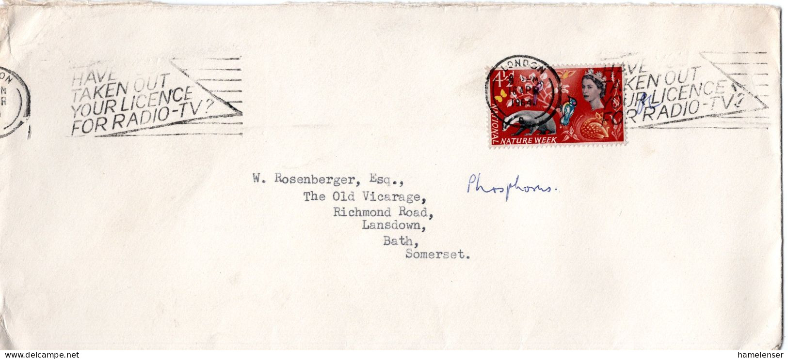 L78891 - Grossbritannien - 1964 - 4.5d Naturwoche Mit Phosphoraufdruck EF A Bf LONDON - ... -> Bath - Lettres & Documents