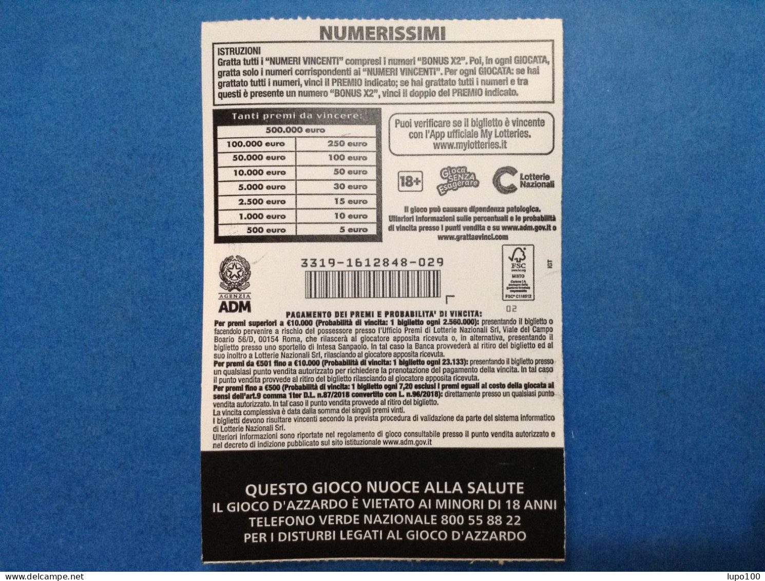 Lotteria Gratta E Vinci Numerissimi Lotto 3319 Numero 73 Variante Al Retro FSC Cartone A Sostegno Codice 02 - Biglietti Della Lotteria