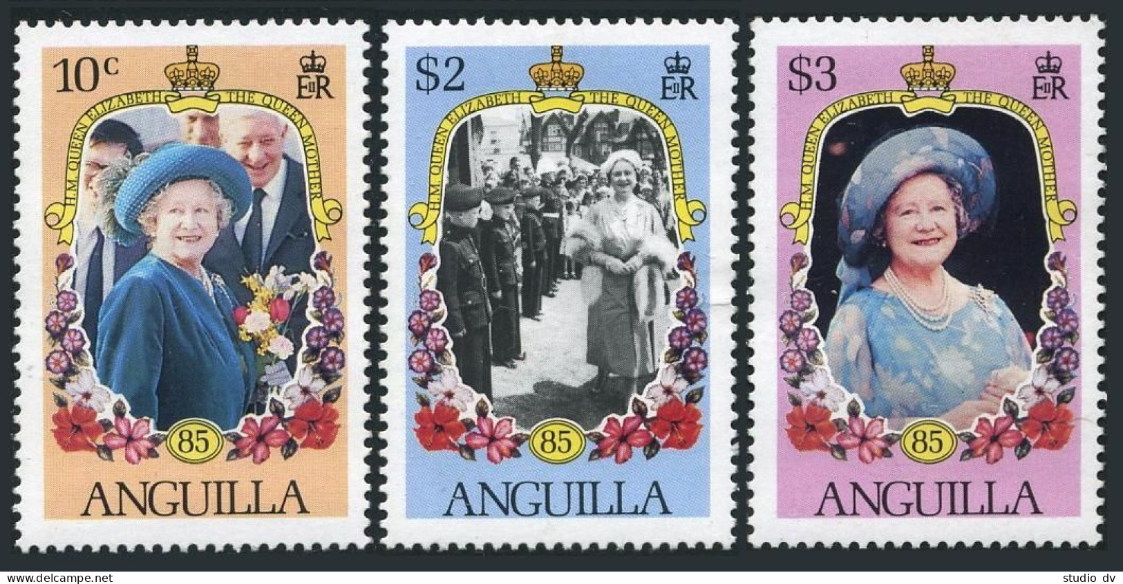 Anguilla 619-621,622,as Hinged.Mi 640-642,Bl.63. Queen Mother,85th Birthday,1985 - Anguilla (1968-...)