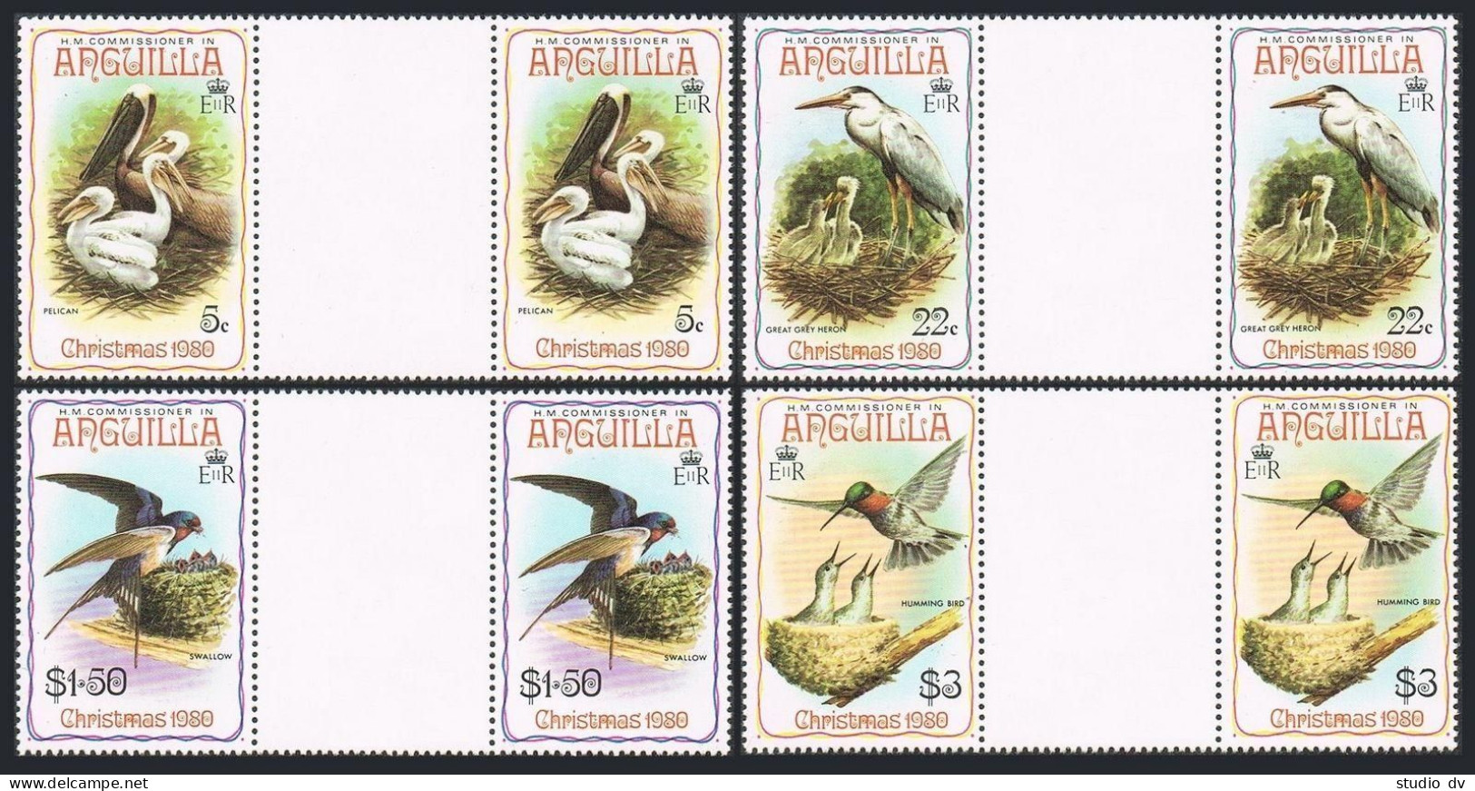 Anguilla 398-401 Gutter, MNH. Mi 396-399. Birds 1980. Pelican, Swallow, Heron, - Anguilla (1968-...)
