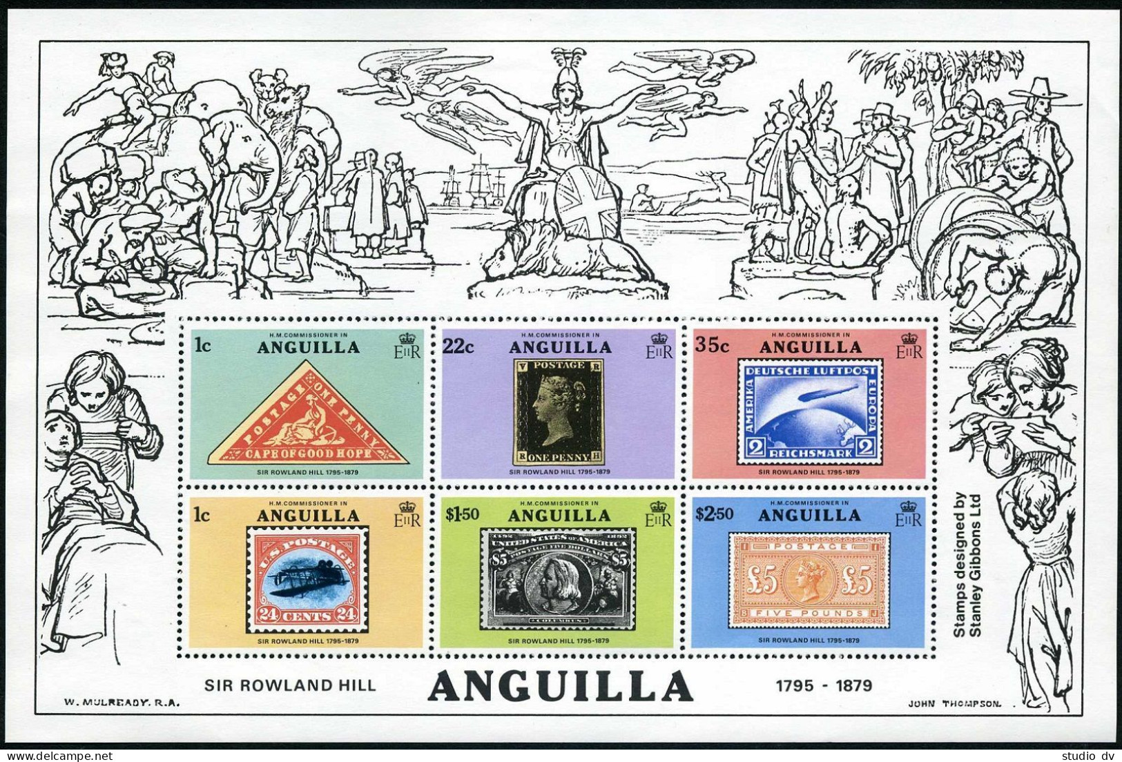Anguilla 354a, MNH. Mi Bl.25. Sir Rowland Hill, 1979. Zeppelin, Plane, Stamps. - Anguilla (1968-...)
