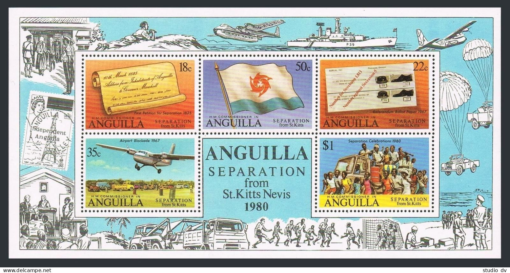 Anguilla 428a Sheet,MNH.Michel Bl.35. Separation From St Kitts-Nevis,1980.Plane, - Anguilla (1968-...)