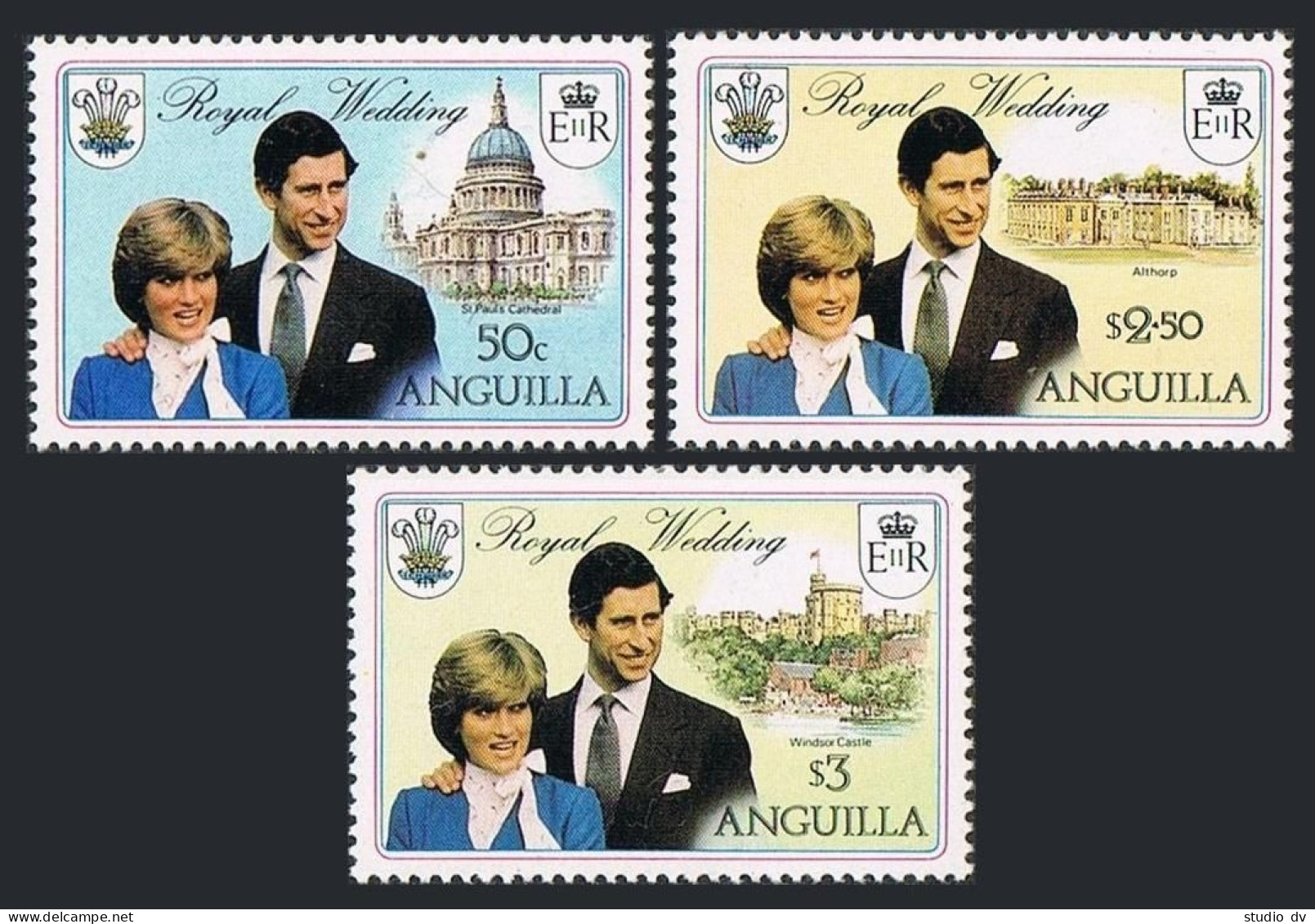 Anguilla 444-446,447,MNH.Michel 442-444,Bl38. Wedding 1981:Prince Charles,Diana. - Anguilla (1968-...)