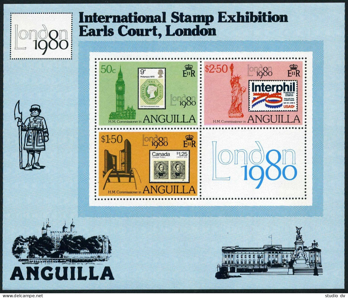 Anguilla 391-393,393a Sheet,MNH. LONDON-1980,Big Ben,Statue Of Liberty. - Anguilla (1968-...)