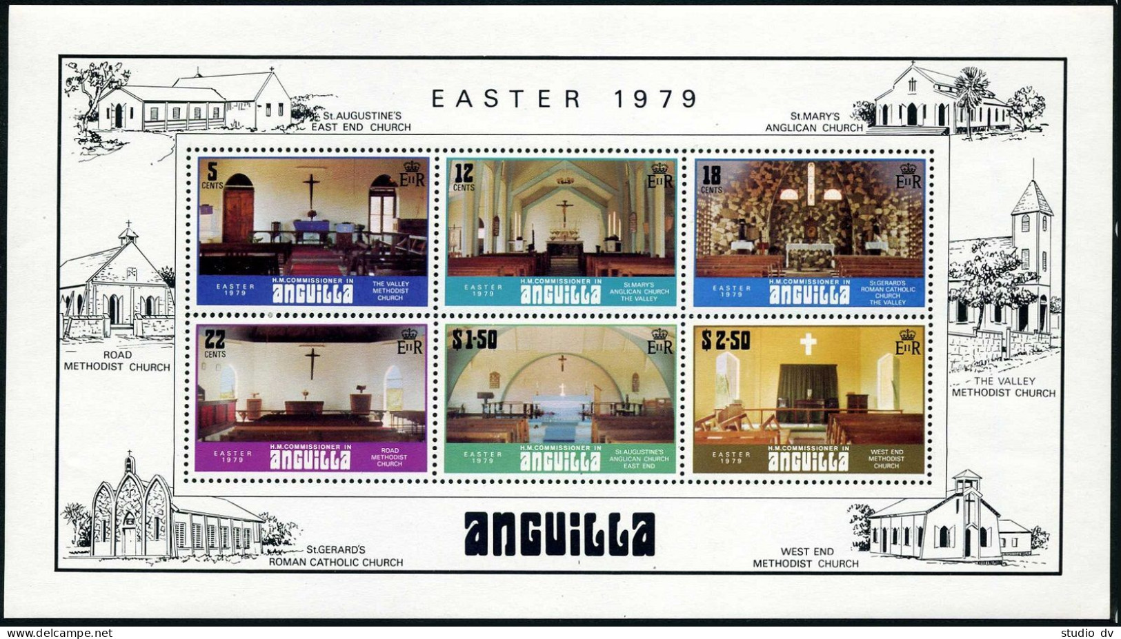 Anguilla 343-348,348a,MNH.Michel 341-346,Bl.24. Easter 1979.Church Interiors. - Anguilla (1968-...)