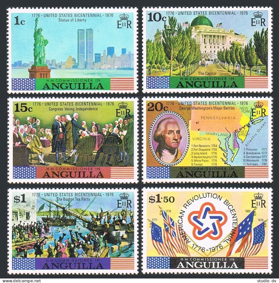 Anguilla 217-222,222a,MNH.USA-200.Statue Of Liberty,Capitol,Battle Map,Tea Party - Anguilla (1968-...)