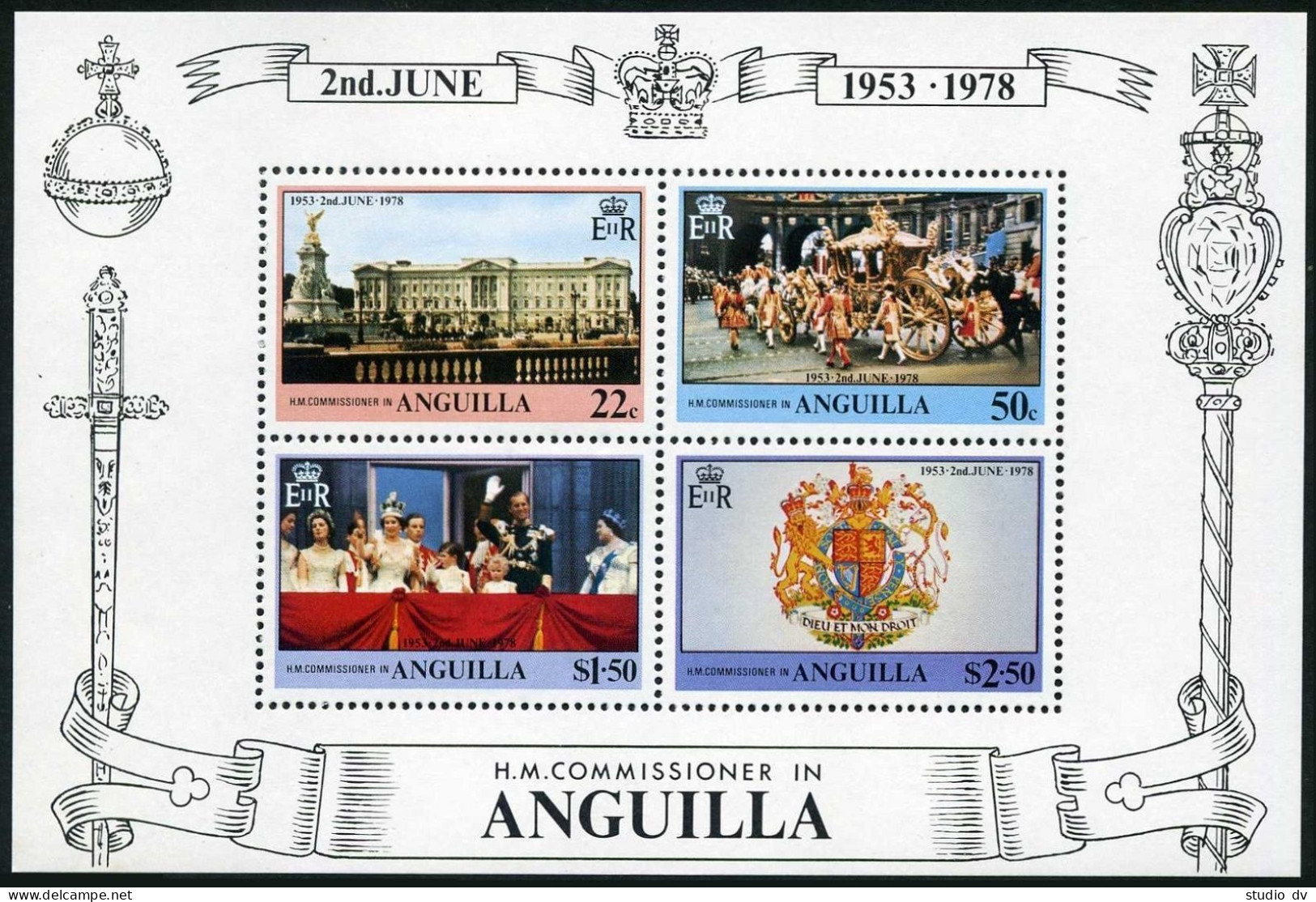 Anguilla 315-318,318a Sheet, MNH. Mi 313-316,Bl.21. QE II Coronation, 1978. Arms - Anguilla (1968-...)