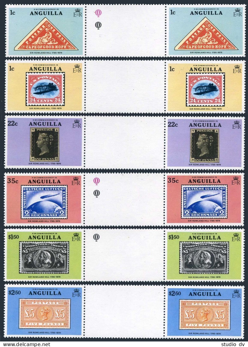 Anguilla 349-354 Gutter,MNH. Mi 347-352. Sir Rowland Hill, 1979. Zeppelin, Plane - Anguilla (1968-...)