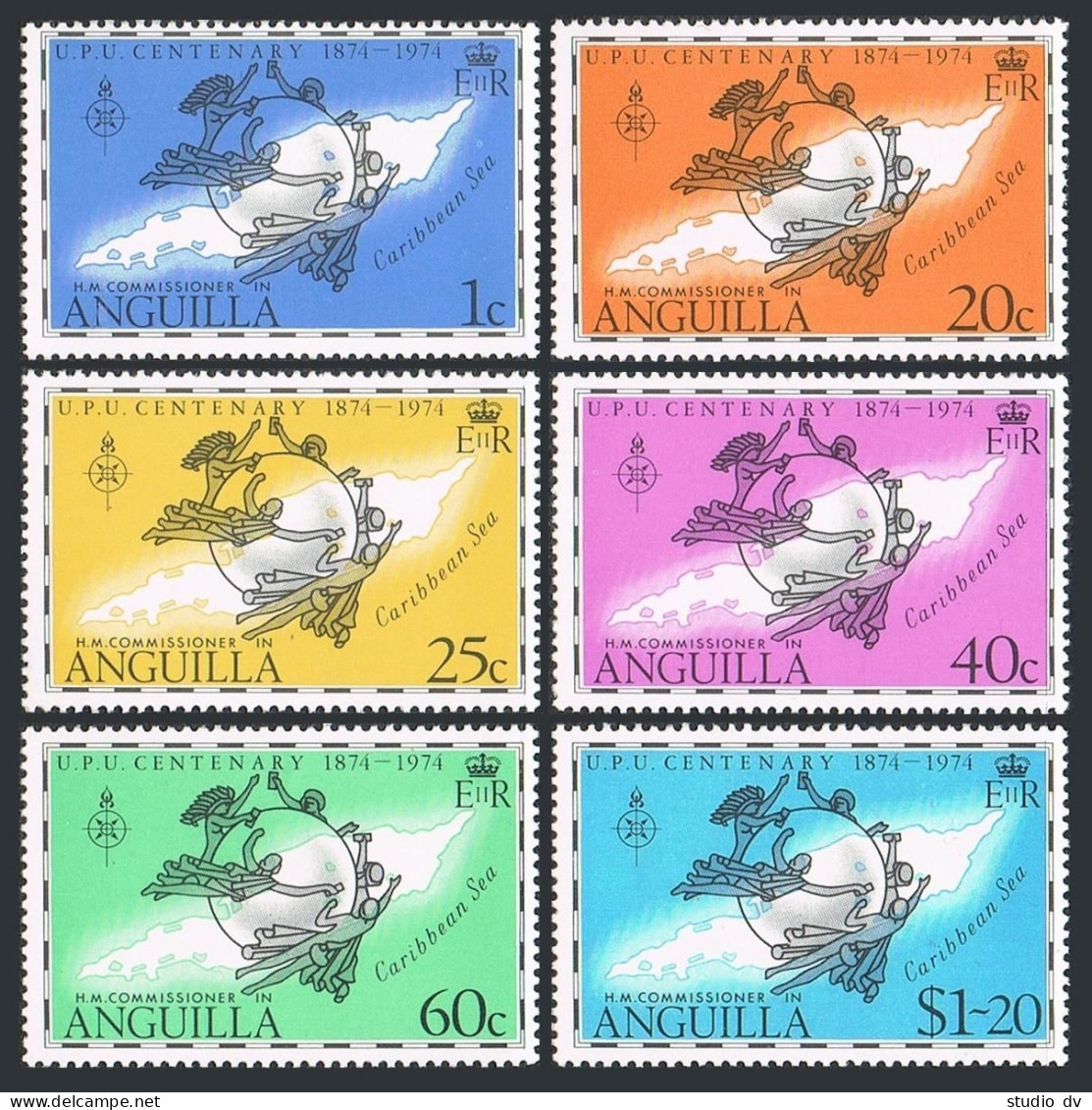 Anguilla 199-204, 204a Sheet, MNH. Michel 198-203, Bl.6. UPU-100, 1974. Map. - Anguilla (1968-...)