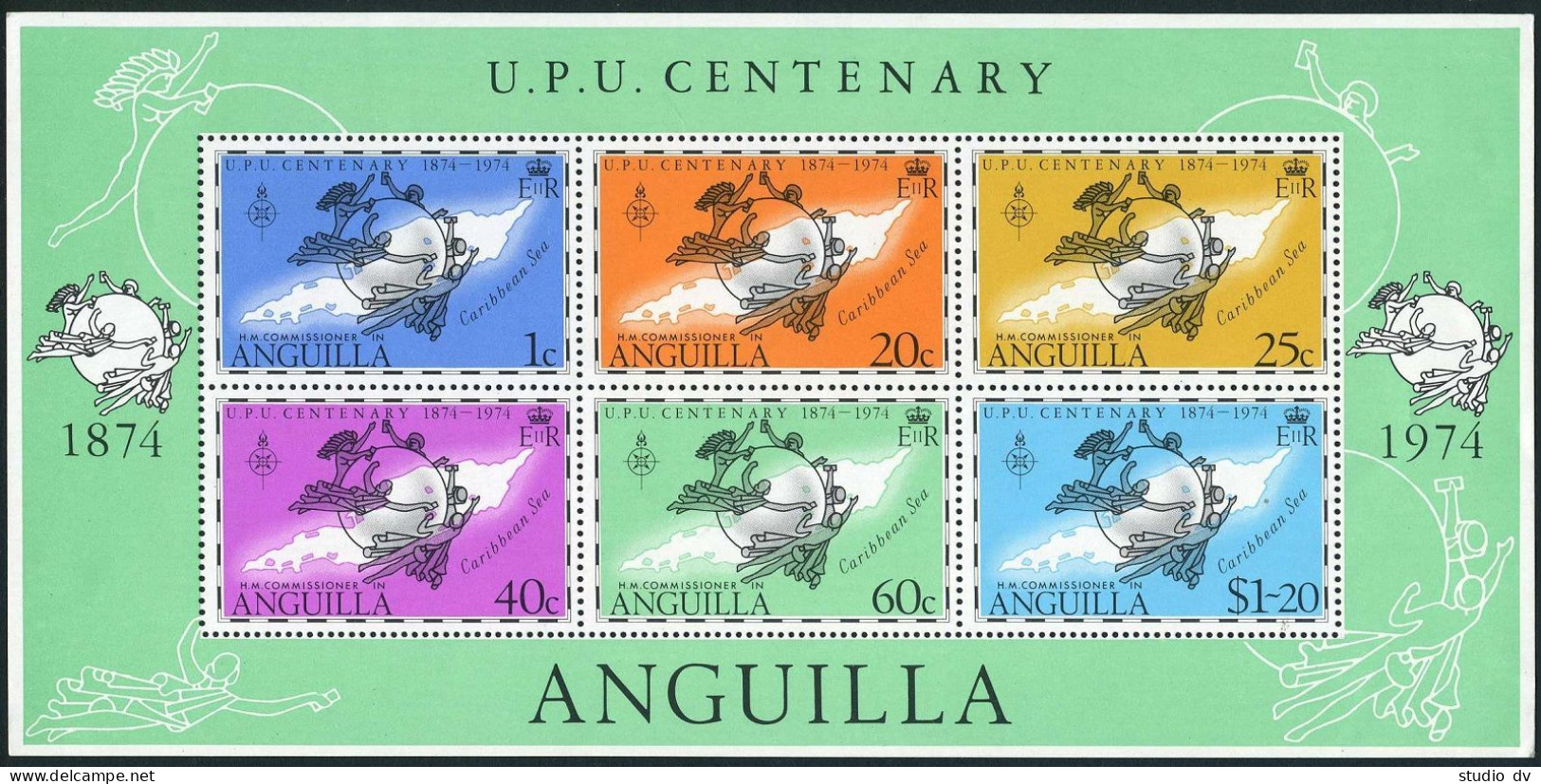 Anguilla 199-204, 204a Sheet, MNH. Michel 198-203, Bl.6. UPU-100, 1974. Map. - Anguilla (1968-...)