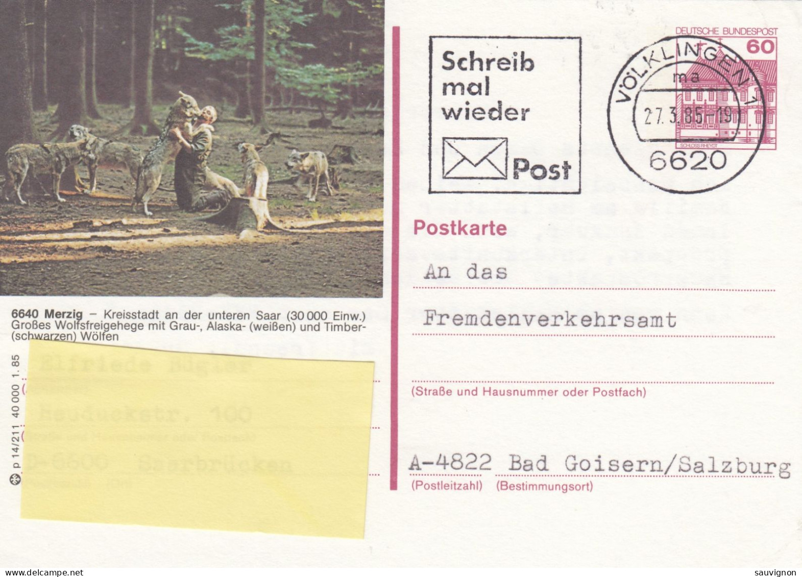 Deutschland. Bildpostkarte 6640 MERZIG - Wölfe Im Freigehege, Wertstempel 60 Pfg. Burgen Und Schlösser, Serie "p" - Geïllustreerde Postkaarten - Gebruikt