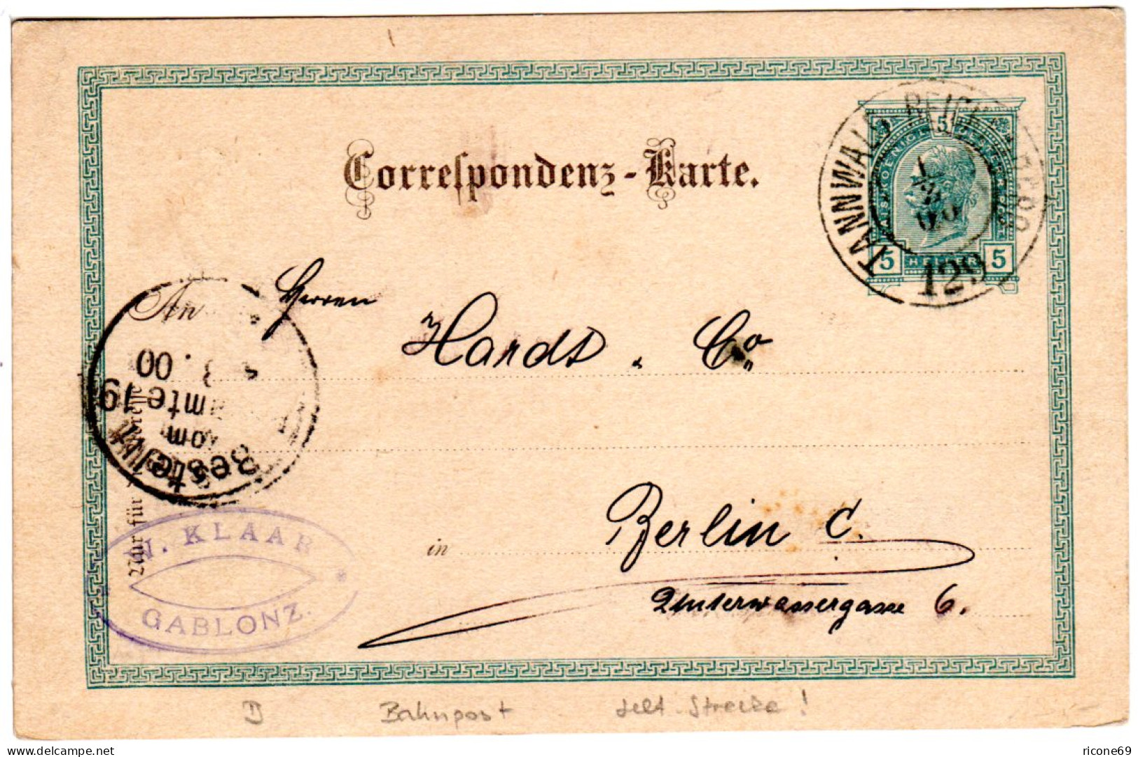 Österreich 1900, Bahnpost-K2 TANNWALD-REICHENBERG 129 Auf 5 H. Ganzsache  - Briefe U. Dokumente