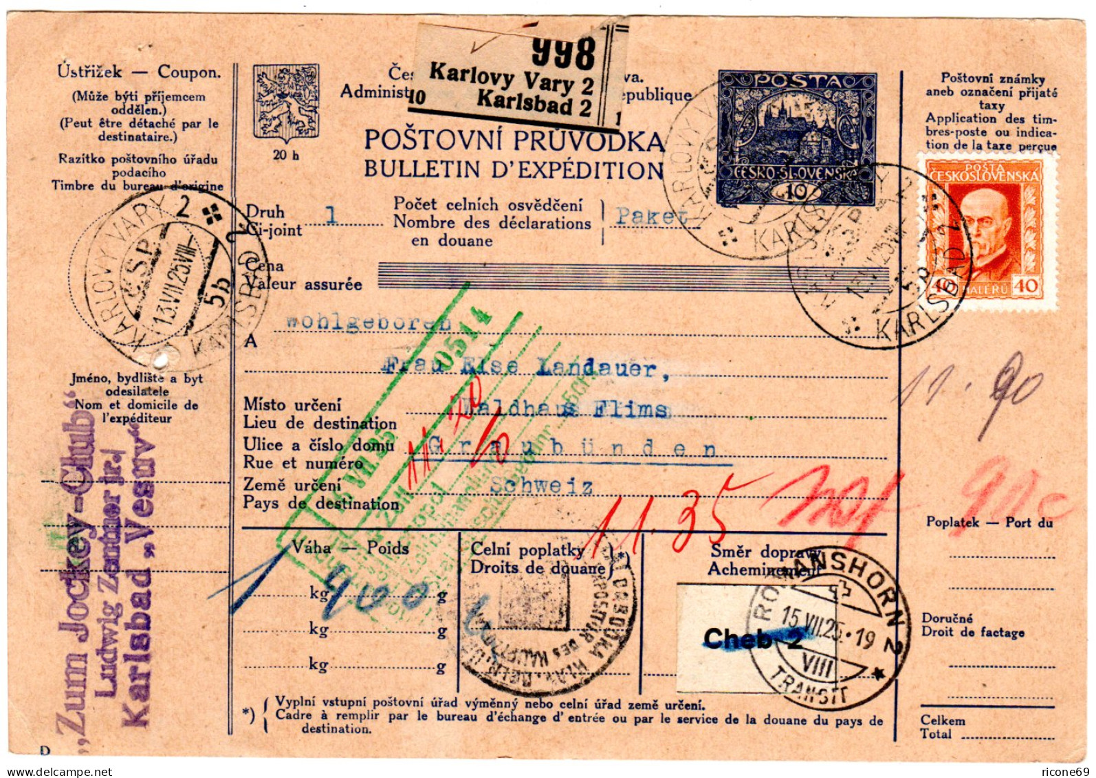 Tschechoslowakei 1925, 40 H. Auf Auslands Paketkarten Ganzsache V. Karlovy Vary - Briefe U. Dokumente