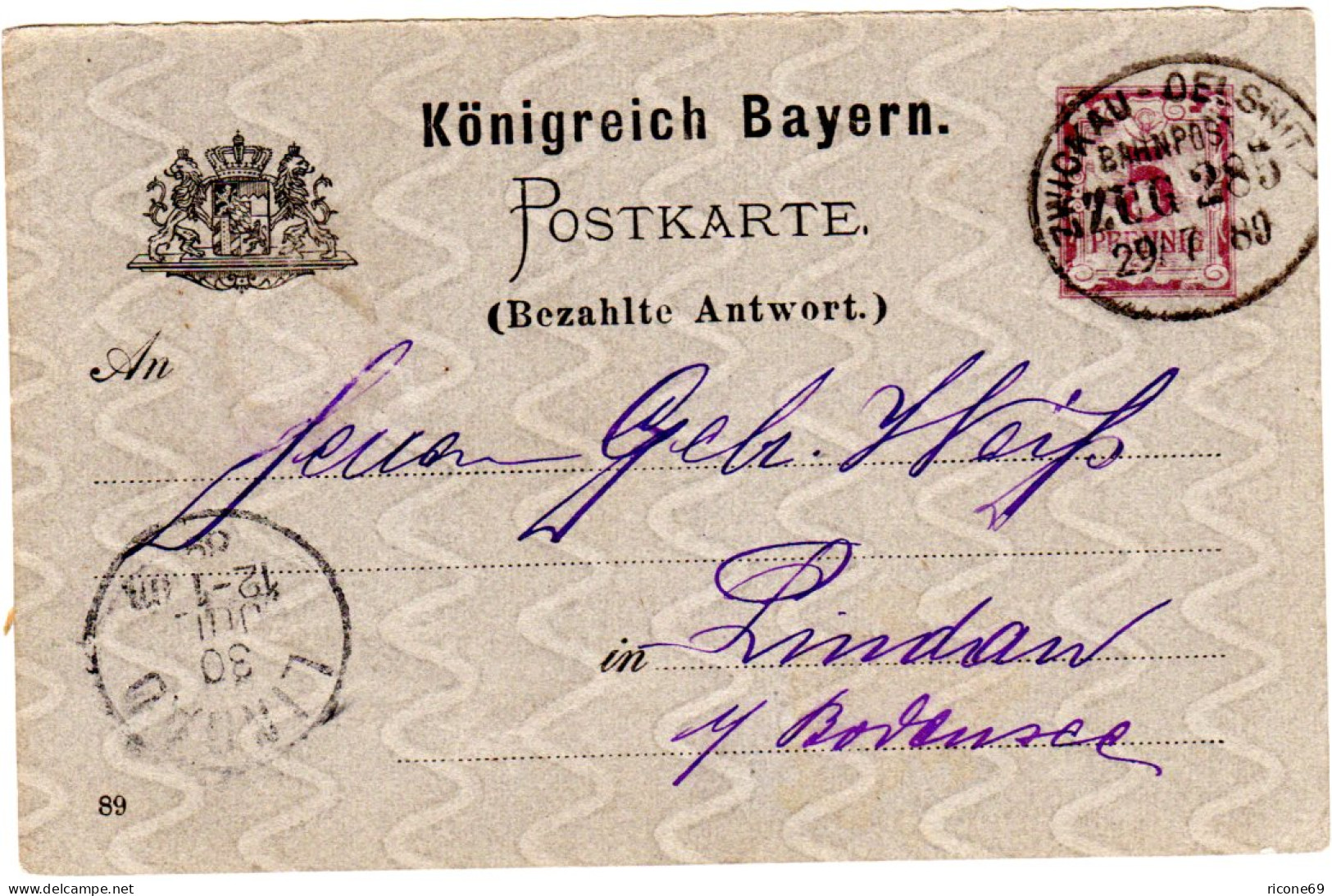 Bayern 1889, 5 Pfennig Antwortkarte M. DR Bahnpost Stpl. Zwickau-Oelsnitz - Brieven En Documenten