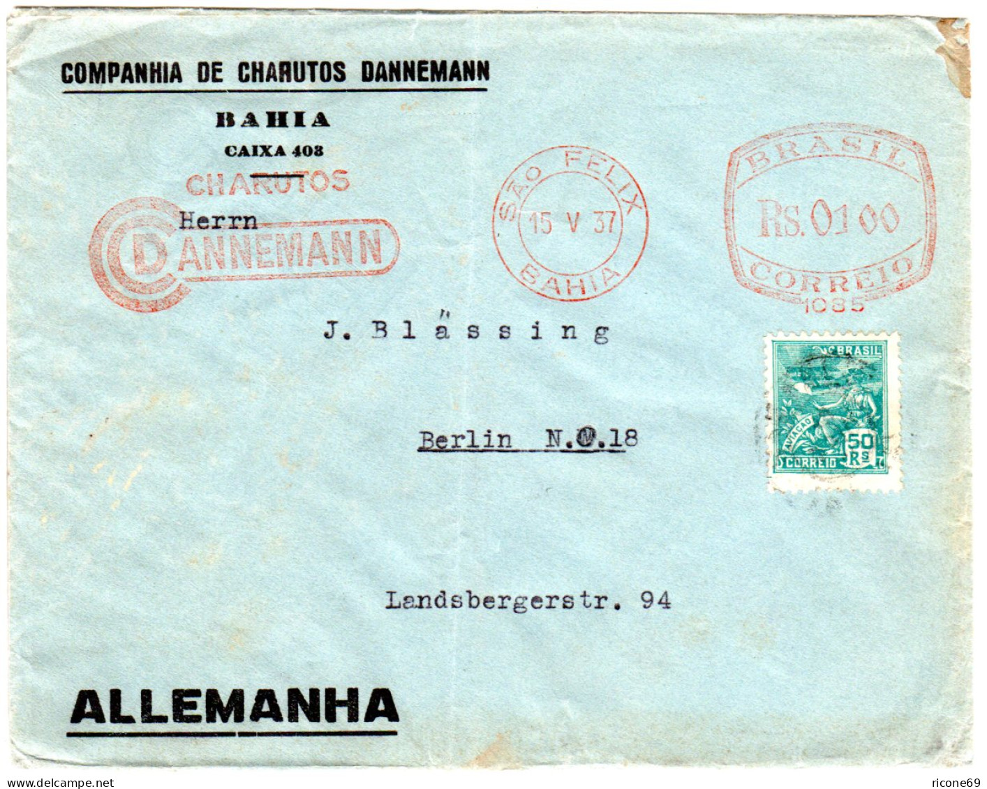 Brasilien 1937, Zigarrenhandel Brief M. 50 R.+Dannemann Freistempel V. Sao Felix - Briefe U. Dokumente