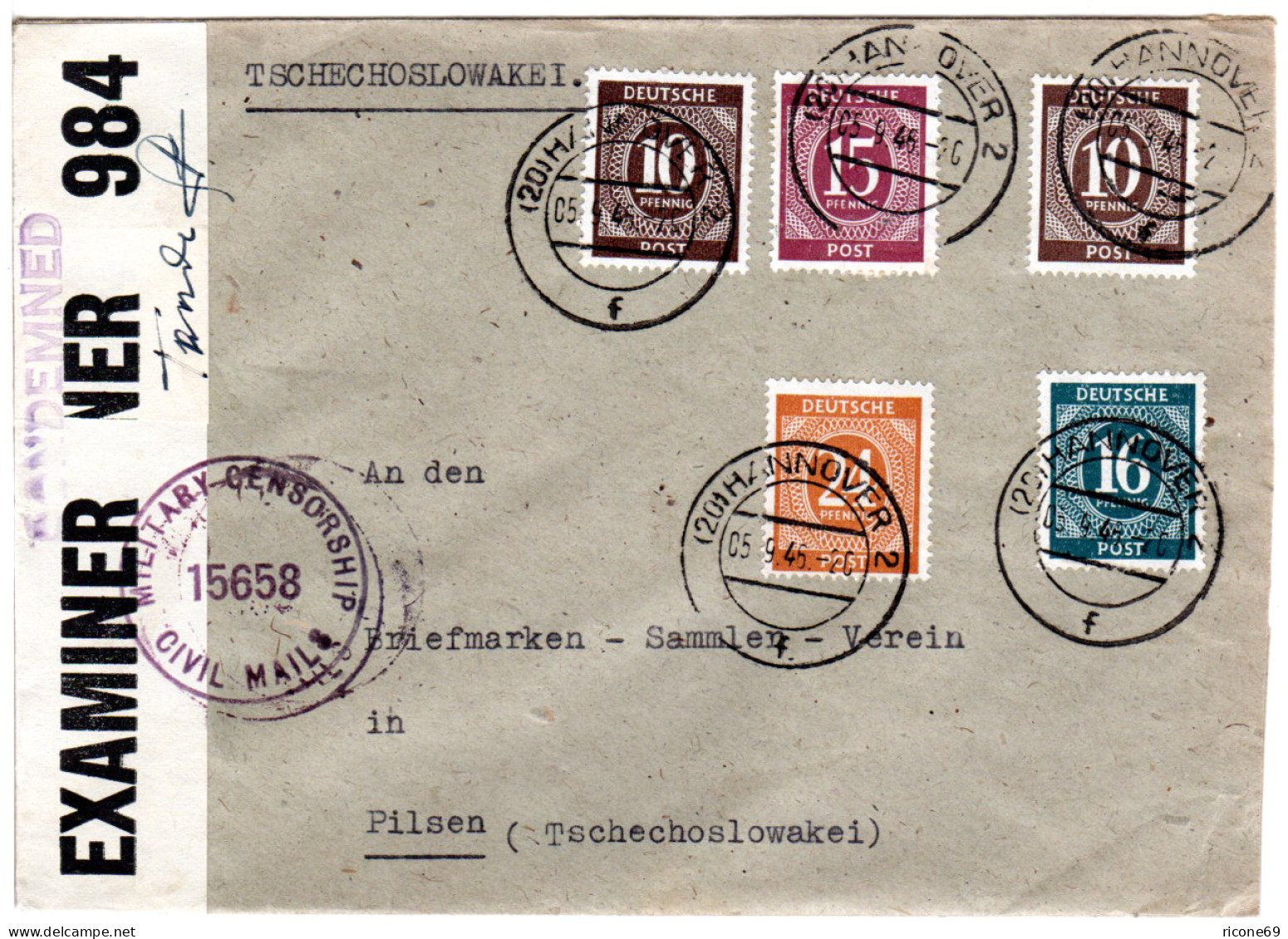 1946, Selt. Zensur-L1 CONDEMNED Auf Portorichtigem Brief V. Hannover I.d. CSSR - Other & Unclassified