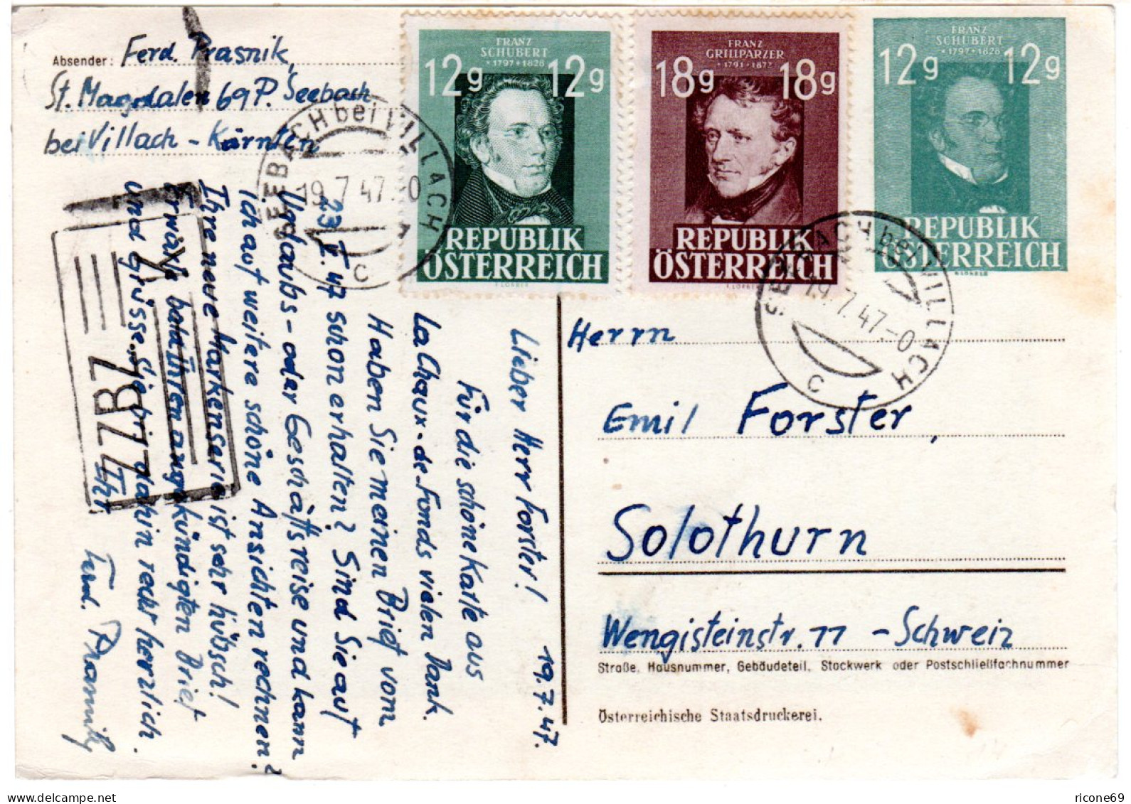 1947, 12+18 G. Auf 12 G. Ganzsache V. Seebach B. Villach M. Zensur I.d. Schweiz - Covers & Documents