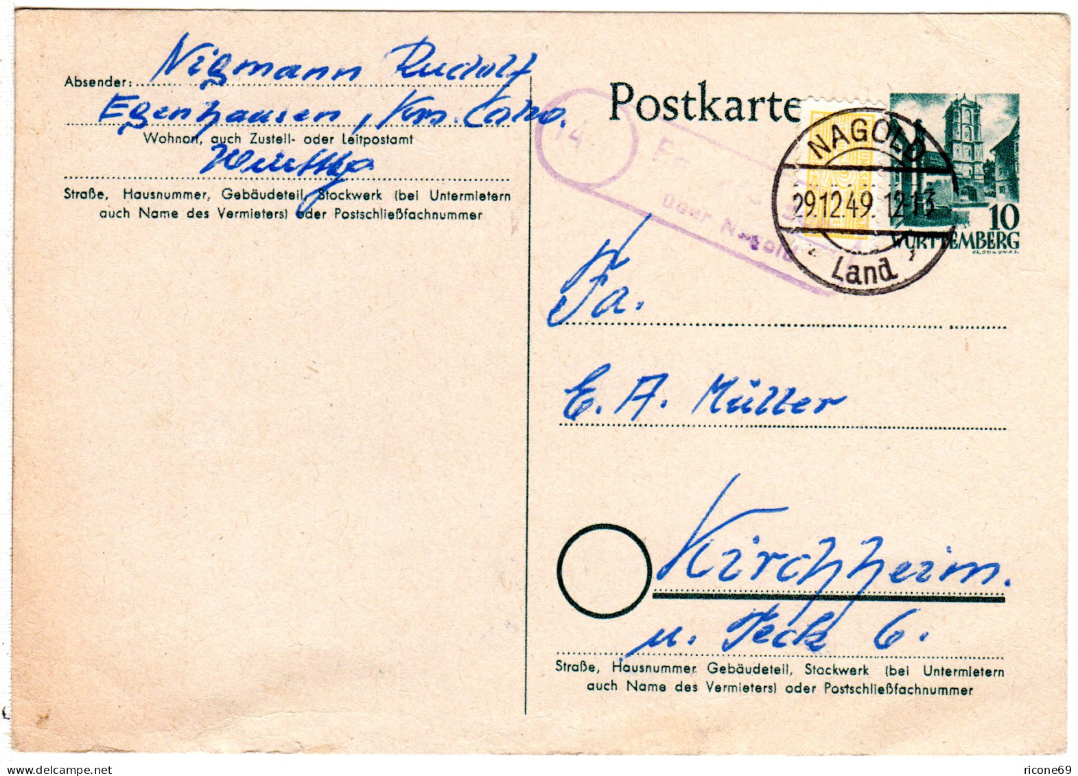 1949, Landpost Stpl. 14b EBENHAUSEN über Nagold Auf 10 Pf. Ganzsache.  - Sammlungen