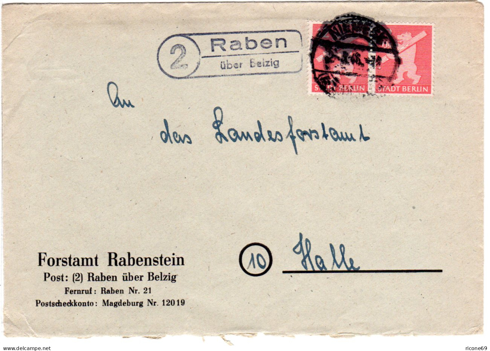 1946, Landpost Stpl. 2 RABEN über Belzig Auf Forstamt Brief M. 2x12 Pf. - Autres & Non Classés