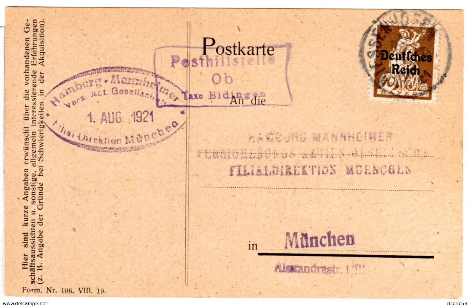 DR 1921, Alter Bayern Stpl. Posthilfstelle OB Taxe Bidingen Auf Karte M. 40 Pf. - Lettres & Documents