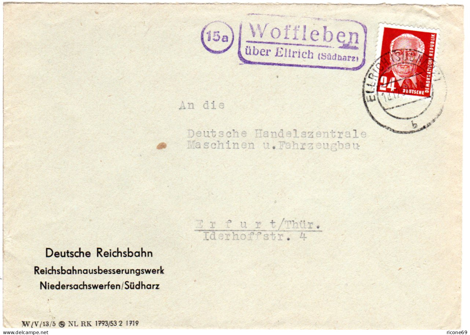 DDR 1953, Landpost Stpl. 15a WOFFLEBEN über Ellrich Auf Reichsbahn Umschlag - Storia Postale