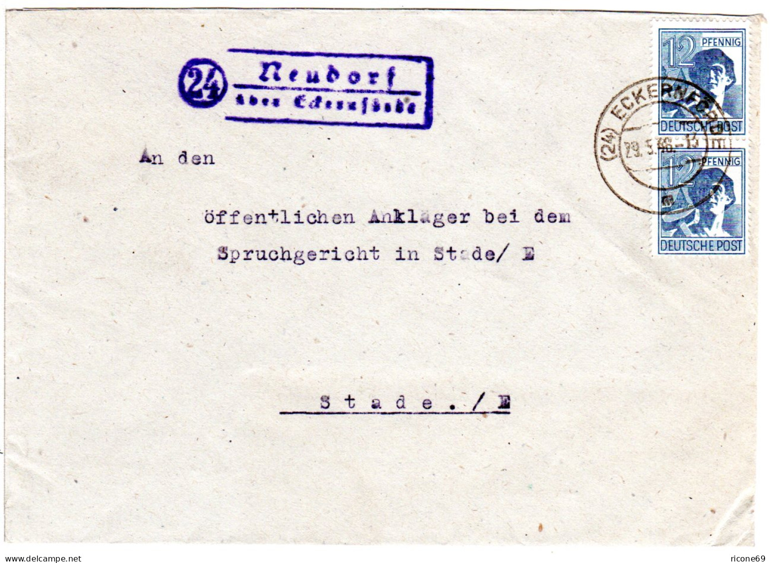 1946, Landpost Stpl. 24 NEUDORF über Eckernförde Auf  Brief M. 2x12 Pf - Otros & Sin Clasificación