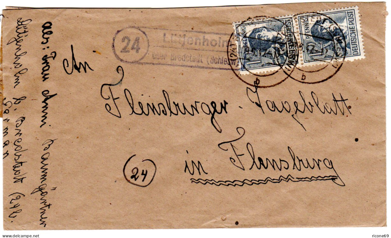 1947, Landpost Stpl. 24 LÜTJENHOLM über Bredstedt Auf  Brief M. 2x12 Pf - Other & Unclassified