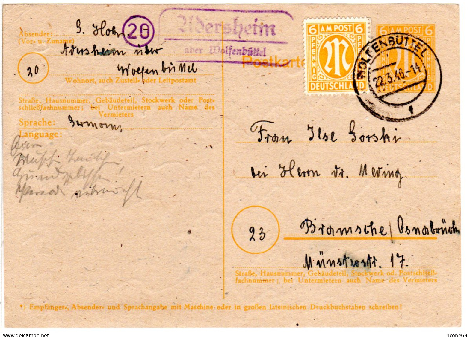 1946, Landpost Stempel 20 ADERSHEIM über Wolfenbüttel Auf Ganzsache M. Zusatzfr. - Altri & Non Classificati