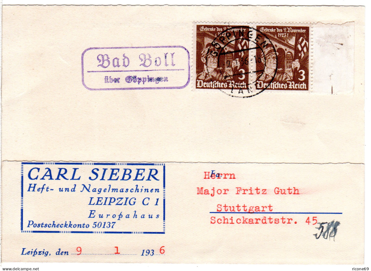 DR 1936, Landpost Stpl. Bad Boll über Göppingen Auf Firmen Karte M. Paar 3 Pf. - Covers & Documents